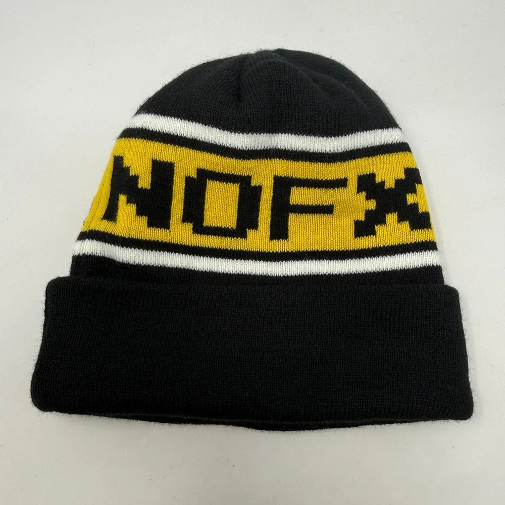 Rare NOFX Last Ditch Effort Tour Beanie Black Yellow White Cuffed Knit Band Hat